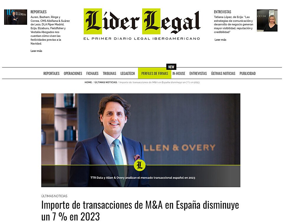Importe de transacciones de M&A en Espaa disminuye un 7 % en 2023
